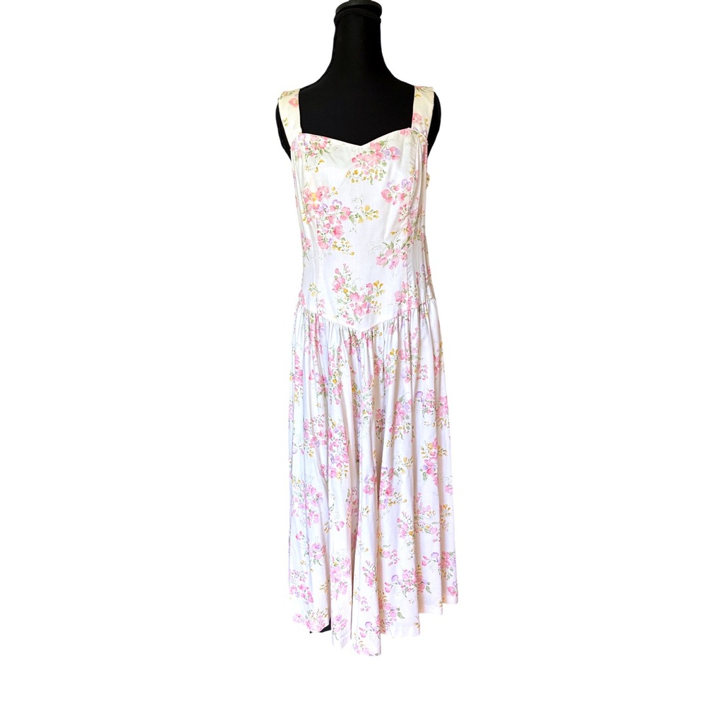 Vintage 80s 90s Lanz Originals Floral Midi Dress Cotton Bow Back 14
Cottagecore